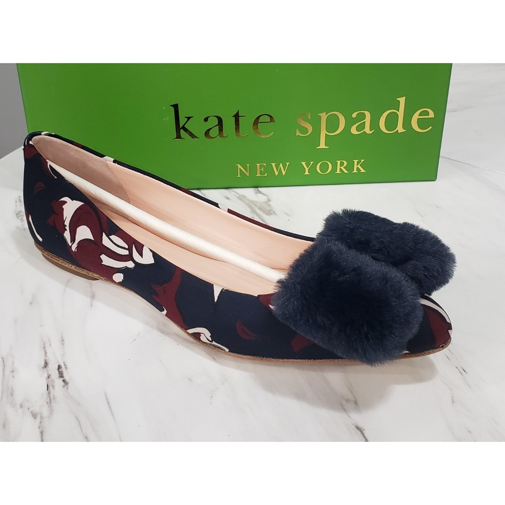 Kate‎ Spade Elen Navy Burgundy Flats Fox Woodland Fur Accent Size 8 Flats Shoes